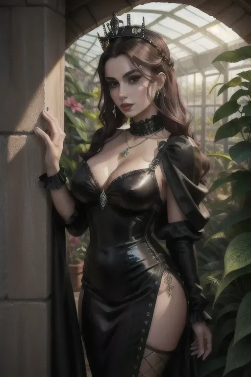 a color pencil draw of,a queen,wearing goth clothes,leaning against the wall,in a lush greenhouse,amazing breasts,five slender fingers,fishtail hair,beautiful face,beautiful lips,brown eyes,curved eyebrows,curved eyelid,smooth skin,peaceful,wearing necklace,pixiv,professional,studio lighting,surreal,8k