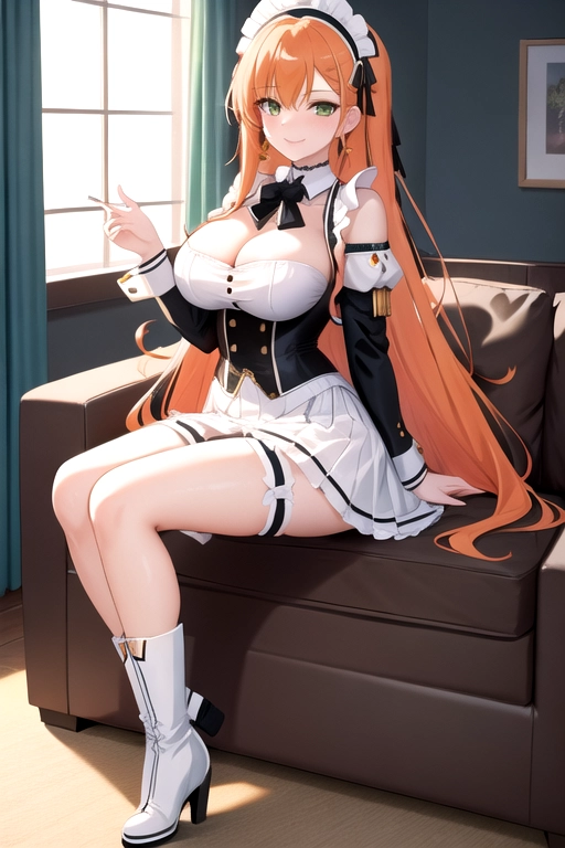 long hair, pale skin, orange hair, green eyes, black choker, giant H-cup breasts, wavy hair, white maid uniform, smiling, full body photo, 28 years old, miniskirt, cleavage, high heels, corset, 8k quality, boots, in living room