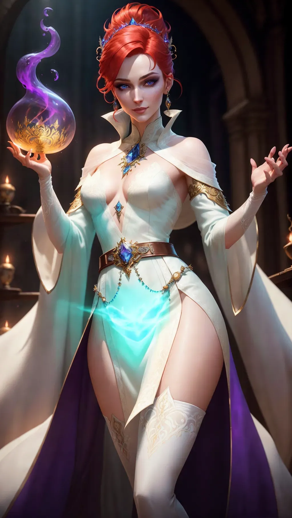 A concept photo of, a lean, frail, beautiful female mage seductress, pale, narrow face, healthy, medium breasts, detailed skin, glowing eyes, playful smirk, wearing ornate white sheer robes, white thigh high stockings, spell explosion, detailed various pouches attached to a belt, red hair worn in an updo, in a magicians lab with various colored potions, small pupils, curved thin eyebrows, flawless face, cgsociety, unreal engine 5, highly detailed, 8k, artstation, deviantart, sharp image, centered, volumetric lighting, hyper-realistic, backlighting, studio lighting, cinematic lighting,