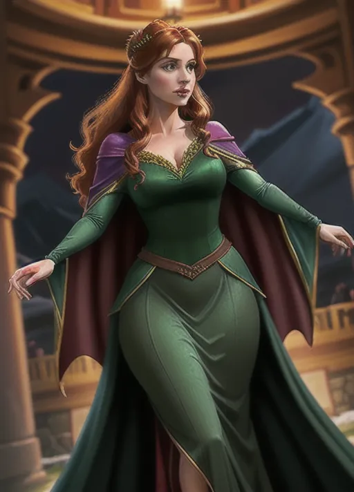 low angle sweet Beautiful youthful sultry auburn haired newly turned vampire Queen Anna of Arendelle dressed in her royal finest dark green velvet gown and cape, the one she wore to the unveiling of the statue of her parents, her hair done up in a low hanging bun, runs her tongue across her new formed pair of vampire fangs her eyes glowing bright red as she rises from her dark foggy cobwebbed crypt. photorealistic.