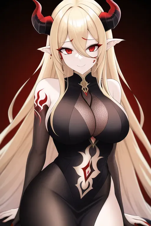 woman, blond long hair, red eyes, demon, tatoo, horns,