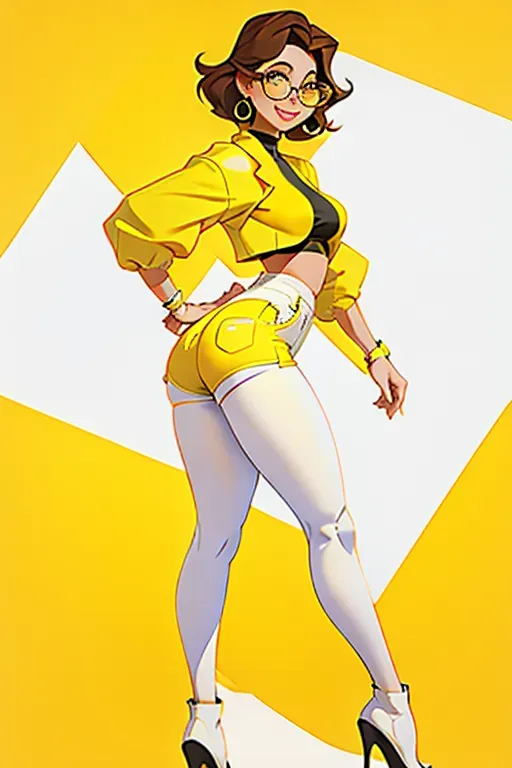 :thicc beauty stylist
:big wide hips and ass
:big breasts
:pretty smile
:small waist
:brunette short hair
:glasses
:yellow crop top and white booty shorts