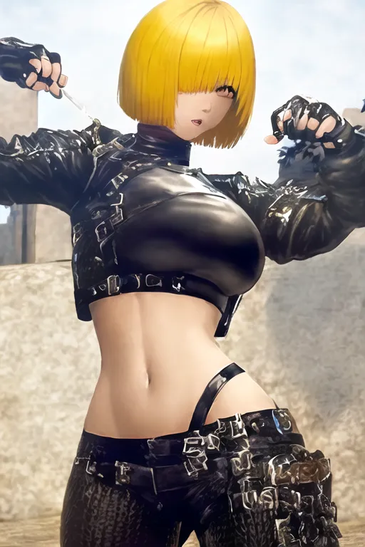 black desert online, fantasy human female martial artist, short blonde bob cut hair, wearing a crop top and black leather pants, vibrant colors,