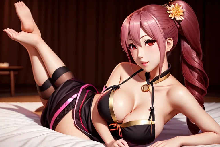 a photo shot of,inori yuzuriha,wearing hanbok,lying,natural breasts,five fingers per hand,ponytail,charming face,beautiful lips,black eyes,curved eyebrows,romantic,wearing golden ring,unreal engine,sharp focus,bokeh,artstation,pixiv
