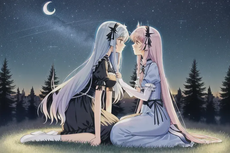 Tall pretty pastel trans woman kissing short thick goth woman, holding waist, playing with hair, Outdoors, night sky background, twinkling stars, crescent moon, landscape, pine forest Full body, pretty dresses, romantic