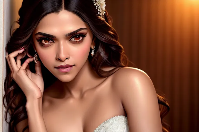 a color pencil draw of,deepika padukone,wearing wedding dress,leaning against the wall,at the convenient store,small breasts,five slender fingers,gorgeous face,beautiful lips,detailed large eyes,curved eyebrows,curved eyelid,textured skin,tattoo,pixiv,cgsociety,artstation,bokeh,studio lighting