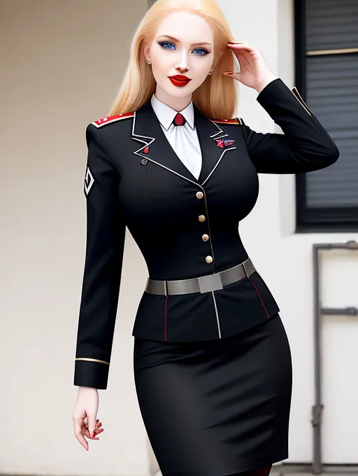 Beautiful woman, full length photo, ((gigantic breasts)) (sexy exposed cleavage) full red lips, long flowing blonde hair, pale skin, bright blue eyes, tiny slim waist, fit, black pencil skirt, black button down blouse, office outfit, military uniform, German uniform, Nazi uniform (SS uniform) high resolution, 4 fingers, good hands, ultra realistic,