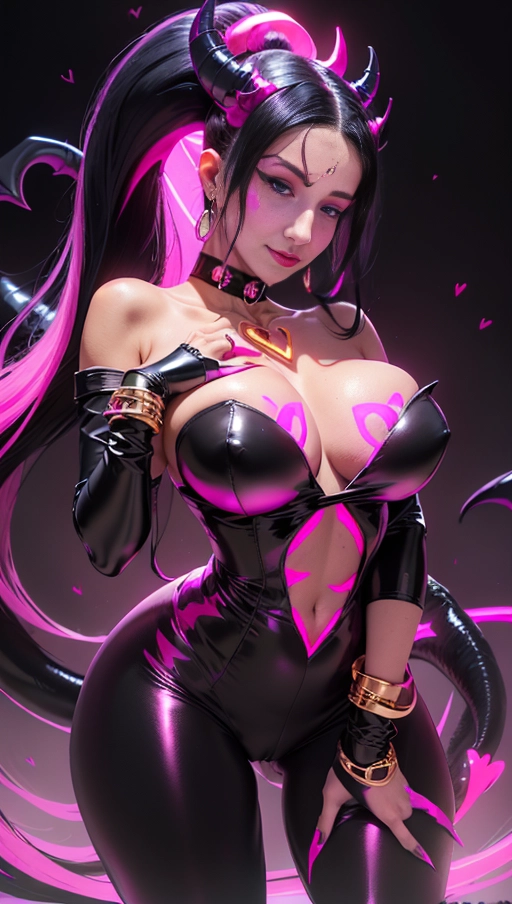 best quality, (((ultra high res))), (((detailed face and eyes))), (perfect face), (big shining heart choker), earrings, jewelry, (((big glowing succubus mark))), ((((big glowing succubus bodymark)))), (((conjuring))), (witch), ((very long voluminous hair)), (((black gloves))), ((black hair)), (((single black ponytail))), (((golden bracelet))), (((huge golden hair cuff))), (((pink skintight neckholder))), ((face closeup)), (lipstick), (((neckholder))), (((((black demon tail))))), ((black long sleeves)), ((purple glowing heart)), (((big cameltoe))), (((demon mark))), heart on womb, (((((bright pink glowing skin tone))))), (((straight black hair))), ((pink glowing clothes)), ((pink luminescent)), ((((pink luminescent skin tone)))), Kylie Jenner, (((pink skin)))