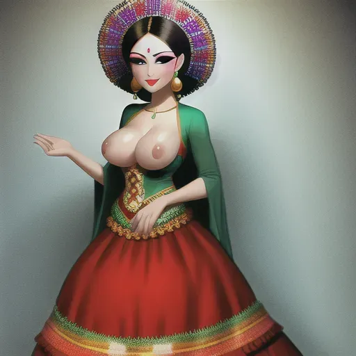 woman with mexican dress small breast showing nipples, folklore, colorful