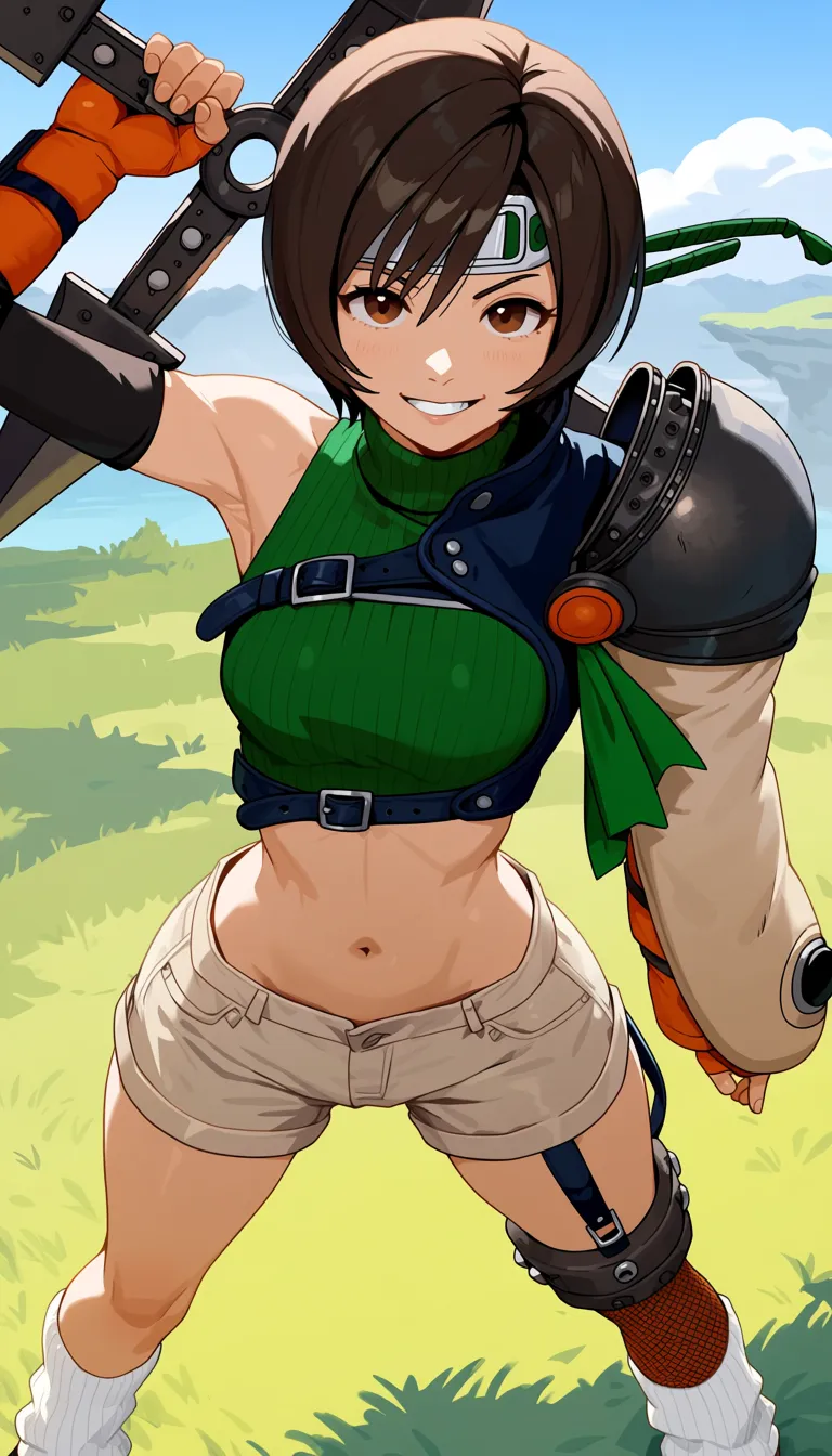 masterpiece, best quality, safe, 1girl, yuffie kisaragi, final fantasy, final fantasy vii, solo, standing, outdoors, brown hair, short hair, green turtleneck sweater, cropped sweater, crop top, shorts, socks, single shoulder pad, midriff, shuriken, holding weapon, dynamic pose