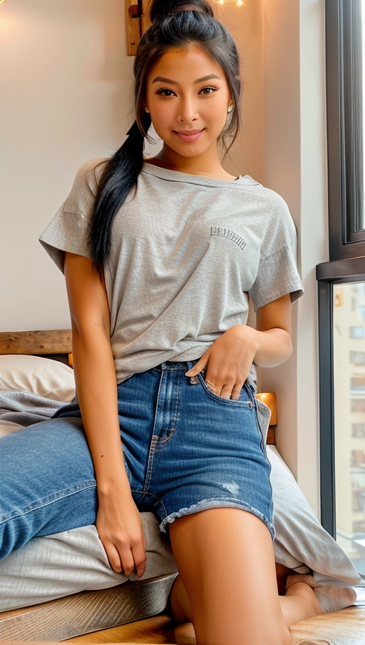 Ethnic group- Awa, Age- 23, Skin type- medium, Hair color- black and straight, Hair style- tied up in a high ponytail, Face- angular with high cheekbones, Eyes- intense gaze, deep brown, Mouth- slightly open in mid-laugh, Nose- prominent bridge, Clothing style- casual, comfortable jeans and a fitted white t-shirt, Location- small, cozy coffee shop in a bustling city, (((Position- lying at a wooden bed,))) ((Pose- leaning backward with elbows on the bed)), Emotional expression- joyful laughter, Accessories- simple silver earrings and a wristwatch, Make up- light and natural, enhancing her features, Tattoos- a small, discreet tattoo visible on her wrist, symbolizing freedom, Camera angle- slightly above, capturing the warmth of the scene, Lighting- soft, diffused indoor lighting with a hint of sunlight from the window, Resolution- high, Camera type- mirrorless, Camera settings- balanced for indoor light (ISO 400, shutter speed 1-125 sec), Focus- on the models face, capturing the moment of genuine happiness, <lora:perfect_pussy:1>