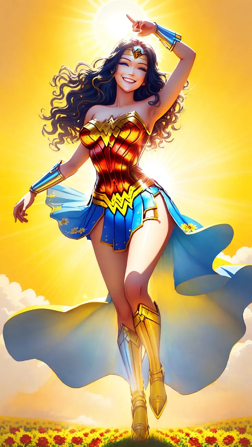 happy illustration of Wonder Woman smiling, frolicking through field of roses and sun flowers. The background is sunny and yellow, she has a flowing blue skirt and stiletto high heels, long thin legs, red and gold costume, beautiful round blue eyes, detailed face, realistic fabric costume, detailed fingers, realistic chest