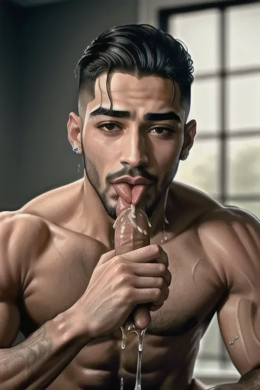 masterpiece realistic, best high quality, blowjob, suck, fully nude Maluma masturbating while sucking dick, with erect penis in mouth (((dribbling cum))), cum on face, eyes, cum everywhere, (((cum dripping from mouth and chin)))