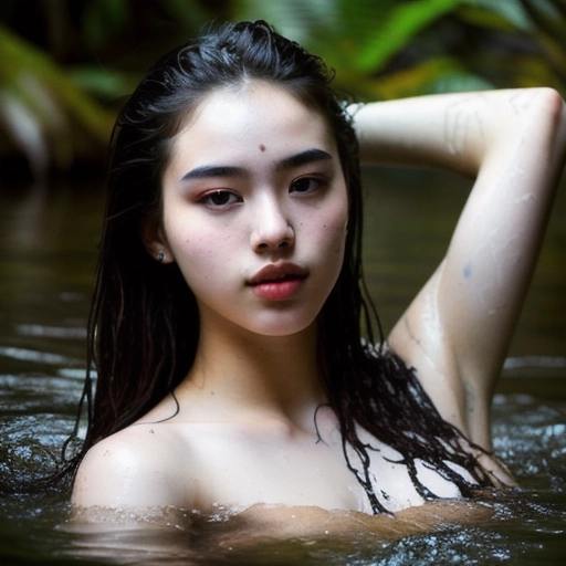 submissive21-year-old woman bathing in a river, sweaty hair, ravished, sophomoric body, perfect face, small perky breasts, realistic face and skin, perfect body, perfectly shaped nose, unkempt hair, nature, anatomically correct, psychedelic, summer, surreal, realistic detail, exotic jungle, photorealistic, highly detailed, ray tracing, realistic skin texture, warm colors, artistic photo, soft contrasting colors, realistic photo, rich colors, cinematic, perfect skin, whole face in frame, ((extremely detailed)), masterpiece, photorealistic, nature, (((best quality))), perfect contrast, ((ultrasharp)), (((extremely detailed portrait))), ((vivid colors)), ((sharpened picture)), ((bokeh)), vivid contrast