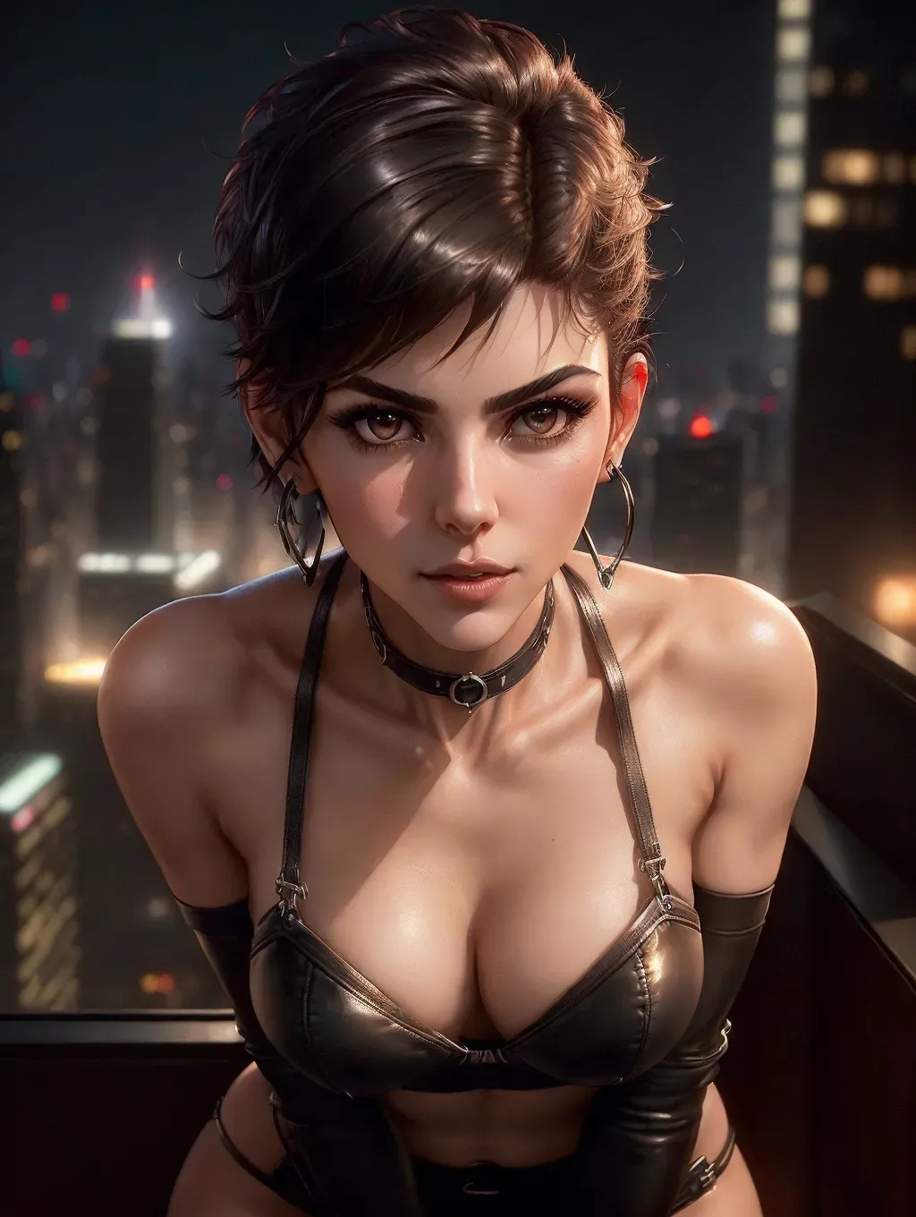 realistic HD photograph ((wide shot)), (((teenage marisa tomei)))((((accurate face)))),(((as a femdom dominatrix prostitute)))(((in a penthouse apartment overlooking a city late at night))),
(((wearing a leather choker collar with ring)))(((wearing leather cosplay lingerie)))(((wearing a brimmed leather bikers cap)))(((BDSM)))((lustful facial expression)),(((very short buzz pixie haircut)))(((dark brunette))), ((very sexy pose)),(((perky breasts))),(((slender athletic body))), five slender fingers,, beautiful face, beautiful lips,detailed large eyes,curved eyebrows,cgsociety,cinematic lighting,studio lighting,professional,editorial,