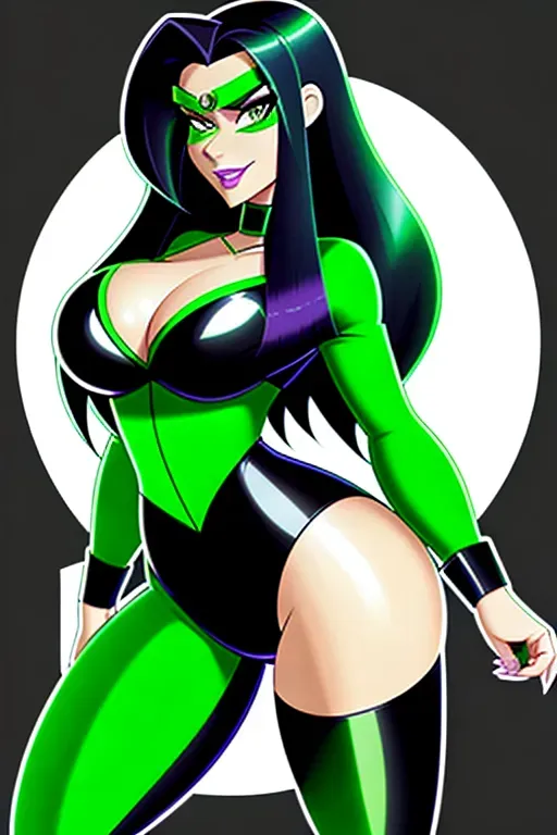 Shego from the Kim Possible series, full body, Disney 90s animation style, long black hair, green and black full body suit tight on the body, big lips, big beautiful breasts, sexy dynamic pose, sticker rendering with thick white outline contour, ultra realistic, green eyes,