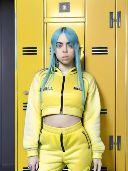 realistic HD photograph ((wide shot)), (glamorous)(((Billie Eilish))) ((((accurate face)))),(((in a locker room)))(((wearing unzipped yellow tracksuit with black trim)))(((topless))),((very sexy pose)),(((small perky breasts))),(((slender body))), five slender fingers, beautiful face, beautiful lips,detailed large eyes,curved eyebrows,cgsociety,cinematic lighting,studio lighting,professional,editorial,<lora:dpmg_fingering:1>