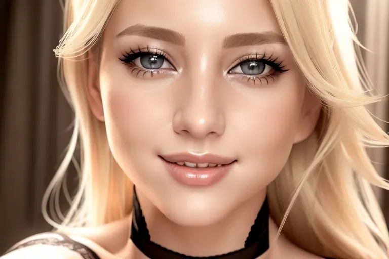 an ultra realistic photograph of,blonde,blonde hair,wearing bra,(wearing stockings),amazing breasts,big breasts,showing cleavage,gorgeous face, crooked nose,beautiful lips,curved eyebrows,curved eyelid,textured skin,highly detailed,cgsociety,sharp focus,artstation,film style,happy,joyful,(smiling),wavy hair,looking at camera