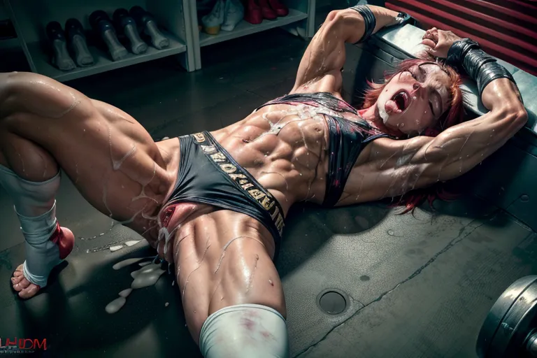 bodybuilder, <lora:dpmg_muscle_girl:0.8>, fitness model, broad shoulders, broad chest, muscle mass, dyke, tall, white,
short hair, lanky hair, (ratchet red hair), high cheekbones, pale, milf, abs, ((flat chest:1.5), diminutive breasts)),
(wearing legwarmers, hand wraps),
exhausted, sweating, (bruised), abused, (tears), beaten,bleeding,bloodied, (humiliated), (knocked out), (sick), (terrified), scratched, (bukkake), (cum on face), (orgasm),(screaming), creampie, (squirting), (being choked, manual strangulation),
locker room,
top-down view, lying on her back, laying on the floor, prone, subdued, dpmg_pov_anal_v1, (arms restrained), (hollow), (pov), vaginal,sex, anal sex, big cock, (long cock), hands down, slimy cock, closeup,
<lora:dpmg_add_detail:1.0>, (best quality),
beautiful, (((masterpiece))),(high resolution), (uhd), (8k)
