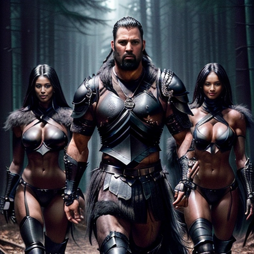 A high resolution color photograph of an extremely tall and muscular male model walking aggressively between two female fitness models in a dark forest at night
Male model is slender and has a bodybuilder physique
(((Male model is extremely tall)))
Male model has black dreadlocks
((Male model has a short well trimmed black beard))
(((Male model is dressed in black leather fantasy armor with black dragon leather breast plate and black wolf fur shoulder guards)))
((Female models are short))
Female models are fit with large natural breasts and round muscular asses
Female models have a slim waist and six pack abs
Female models have long black hair
(((Female models are wearing sexy black leather fantasy armor)))
All models have dark bronze skin
All models are looking at the camera
(Background is a dark misty forest at night)
<lora:dpmg_add_detail:1>