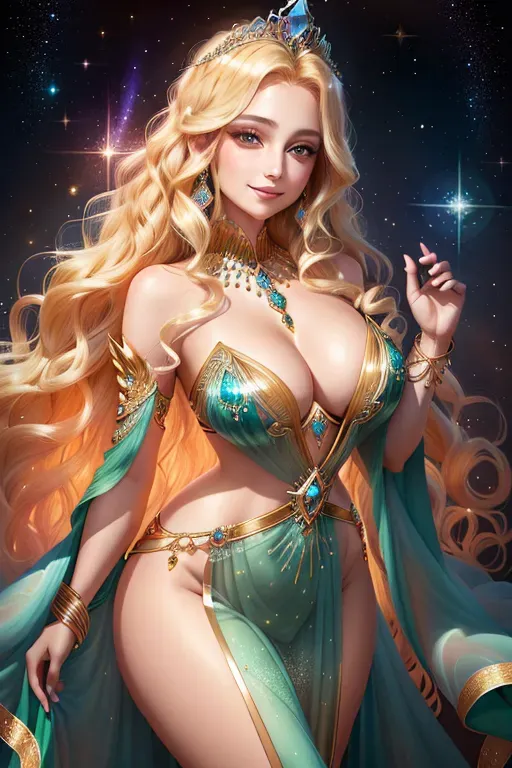 Semi-transparent diaphanous gown with iridescent patterns, Celestial belt adorned with stardust-like gemstones, Shimmering bracelets, Intricate tiara adorned with luminescent gemstones, Golden blonde hair cascading down her shoulders in loose waves, Vibrant combination of deep emerald and sapphire eyes, Full and luscious lips with a natural flush, Radiant smile with a perfect balance of warmth and mischief, Captivating hips, alluring sides, and shapely waist, Enchanting gaze revealing boundless compassion and unwavering faith, Mesmerizing beauty that seems to radiate from within,