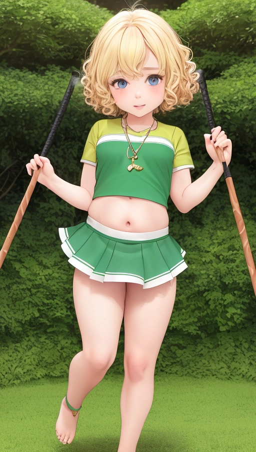 A young short loli halfling elf, wearing a field hockey uniform, perfect perky breasts, brazilian butt lift, curvy short and thick thighs, navel, pierced bellybutton with a jewel, curly neat blonde hair tied up, dainty small bare feet, cute necklace, walking in the overgrown garden