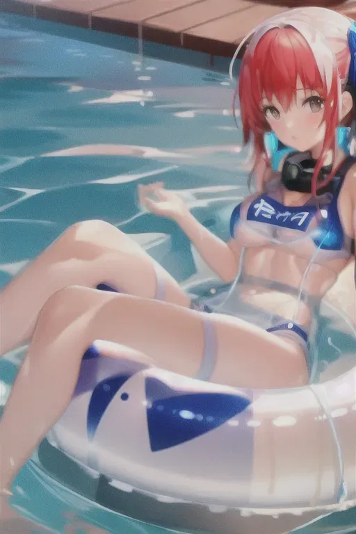 1 girl in tube on water, micro bikini, blue