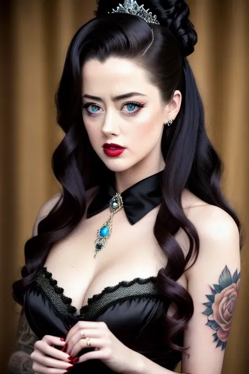 a photo shot of,amber heard,wearing princess dress,kneeing,collared, gangbanged,in a tea party,big breasts,five slender fingers,silky hair,beautiful face,beautiful lips,black eyes,bruised,curved eyebrows,pale skin,satisfaction,tattoo,cgsociety,editorial,bokeh,surreal,professional