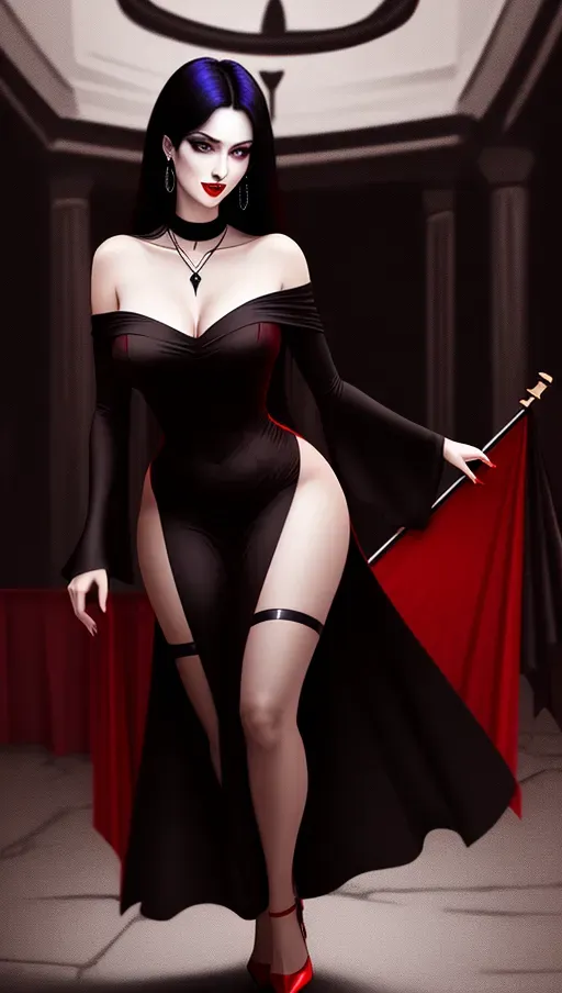 low angle, close-up shot, set in a creepy old dark castle, playing lead flying V guitar at a hard rock concert.
beautiful, beautiful, straight black with horizontal red streaks hair, goth makeup. dark red lipstick and eyeshadow, average height woman 26 years of age, seductive smile, large round natural teal eyes, Dark red long dress with wide off the shoulders neckline wide off the shoulder straps no sleeves, high heels, long pointed canine teeth, large red bat necklace, photorealistic.