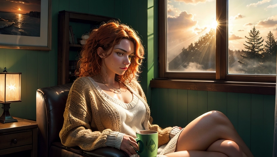A professional photograph, 1 hot naked woman seated in a confortable armchair is ((looking away)) through a large bay window, she is (naked) but wearing an ((oversized sweater (falling over her shoulder:0.5))), she is holding a ((steaming:1.1)) mug of hot chocolate, the sun is setting outside and clouds are taking warm orange colours, the rain has just stopped outside, (((auburn messy hair))), (((green eyes))), (awesome breast), ((perfect realistic pussy with trimmed hair)), beautiful lips, perfect face, ((pensive:1.2)) and ((smiling:0.6)), highly detailed, perfect hands, five fingers per hand, perfect hands, curved eyebrows, long curved eyelashes,
((warm orange rays)) from the sunset, wood panels on walls, (soft dream atmosphere), ((cinematic lighting)), ((cinematic composition:1.2)), 32k, HDR, highest quality, highest resolution, (photorealist:1.72), (photorealism:1.72), (masterpiece:1.18), --s 750
