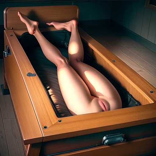 Eyes closed,lying flat on a morgue table,nude,legs wide open,camera from up above