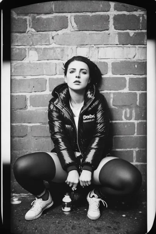 ((night)), polaroid image of, British chav slut, looking up from below camera, squatting near brick wall, looking up at camera, wearing puffer jacket, facing the camera, smirking, pissing intensely on the floor below, wet liquid urine stream and urine puddle on floor, image shows ultra perfect piss pee urine color and texture and detail, wearing trainers