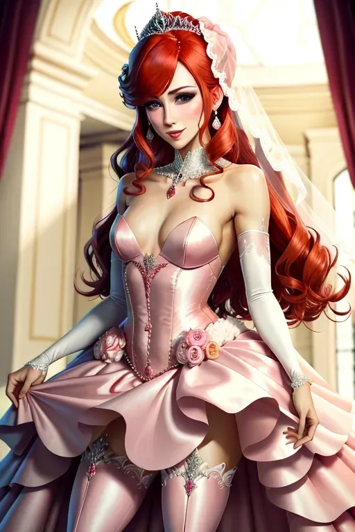 Male subject, flat chest, cock visible, sissy,wearing a pink bridal gown with puffy shoulders, skirt open in front, makeup, tiara with a veil, high heels, red hair, formal hairstyle, embarrassed, blushing