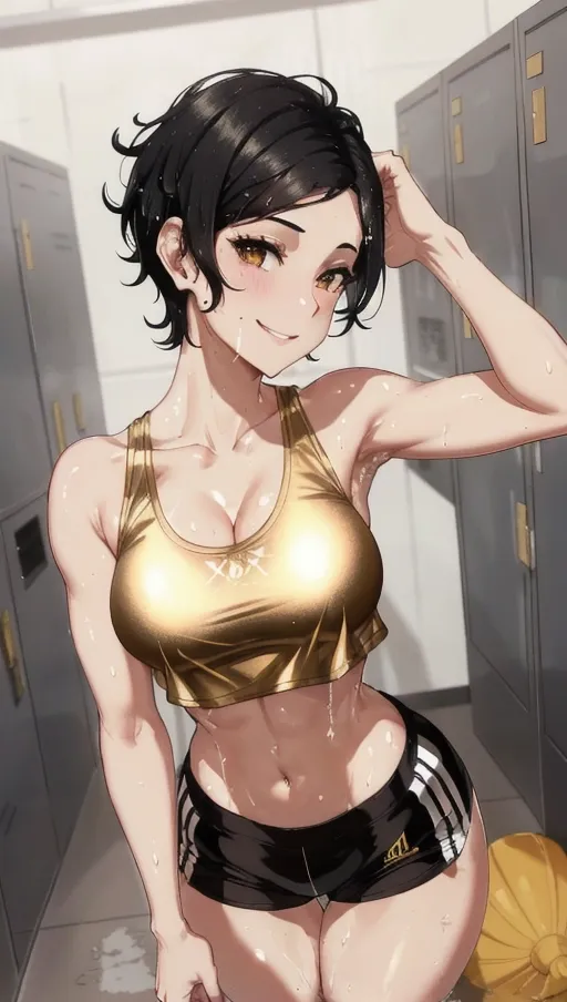 Gorgeous, short black hair, small breasts, gold tank top, (white skin tight nylon shorts), locker room, sweating, wet, weak smile