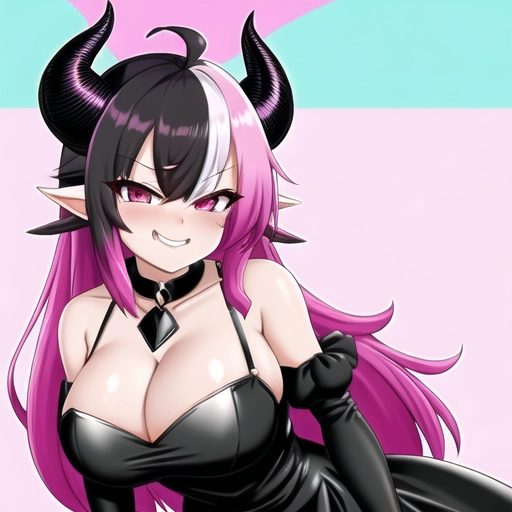 Dragin horns, Dragon girl, black dress, pink hair, multicolored hair, smug face, showing cleavage, pink eyes,