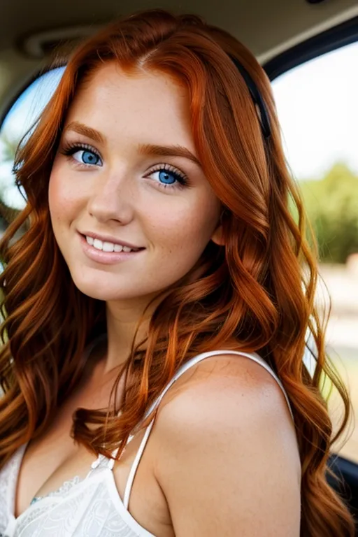 A cute gorgeous tanned stunning ginger Irish redhead (young teenage) girl with long wavy hair, huge large round eyes, long eyelashes