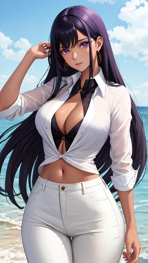 (more_details:1), nico_robin,brown, tanned skin,white formal blouse, purple pants, long black hair, fringe hair, blue eyes, sky epic, rain, round tit, round ,thick thighs, small waist, solo, 1 girl, body perfect, body complete