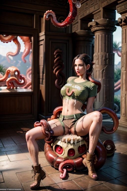 (photorealistic:1.4), (masterpiece:1.4), (best quality:1.4), bokeh, ultra high res, ((detailed facial features)), full length, (professional photograph of 2 figures:1.6), (porn scene:1.7), (1 female 1 hideous monster:1.6), (beautiful 23 year old Lara Croft), (tentacle monster:1.6),
Lara Croft has stolen artefacts from an ancient Egyptian temple and is being punished for this crime by the tentacle monster guarding the temple, (the tentacle monster is having anal sex with Lara), (huge ((tentacle)) inserted in her anus:1.5), Lara is taking perverse pleasure from the rough sex and enjoys a massive orgasm, dpmg_tentacle_sex_v1, <lora:dpmg_snake_coiling:0.6>
Lara slim athletic body, perfect skin, tight green crop T shirt and khaki desert shorts (T shirt and shorts have been torn open fully exposing her body:1.8), exposed breasts, ((knife sheath strapped to thigh:1.1)), brown desert boots, hair in ponytail, (skin oily and shining:1.2)
(indoors in an ancient Egyptian temple:1.2), numerous ancient artefacts in background, lighting from flaming torches on wall brackets,
(best quality), (((extremely accurate face))), <lora:dpmg_add_detail:0.7>, (high resolution), (((masterpiece))), (uhd), (8k), <lora:orgasming_face:0.6>, <lora:bukkake:1>