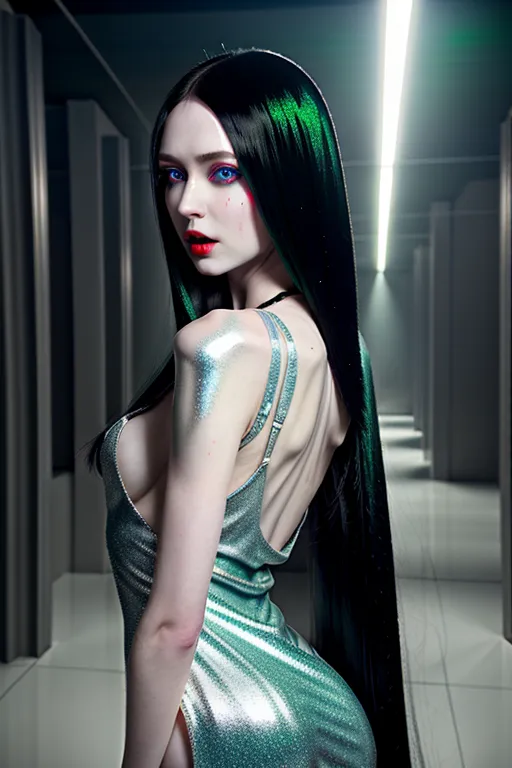 Her icy cold shimmering gorgeous metallic silver dress, pale skin turned human and alive only by a splash of red on her lips and her penetrating green eyes, tall and very slim and very flat chested with long black shiny hair, fragments of a death wish scattered in the air behind her