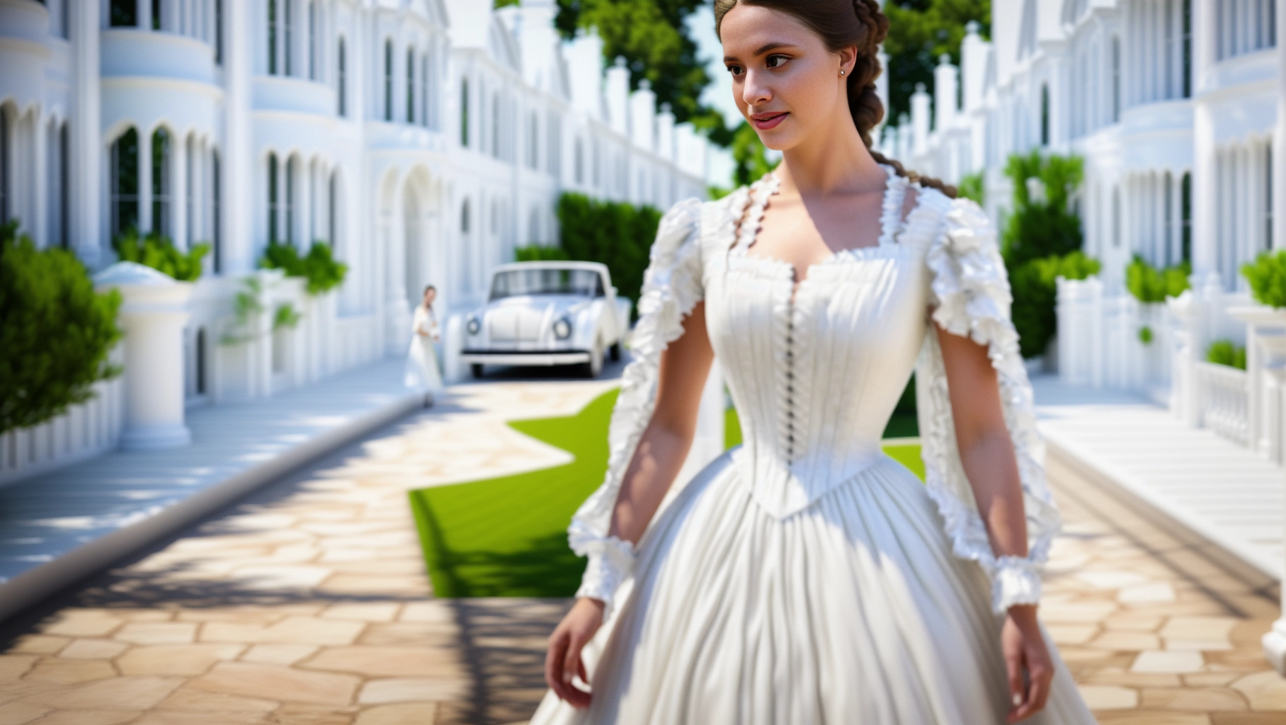 teen girl wearing long white dress, (highly detailed 8K HDR photo:1.2), (hyper real face), accurate facial detail, 8k, UHD, full body view, standing out side on the lawn, hyper accurate facial detail, full body pose, dark blonde hair, full body view, wearing a 18th century white dress