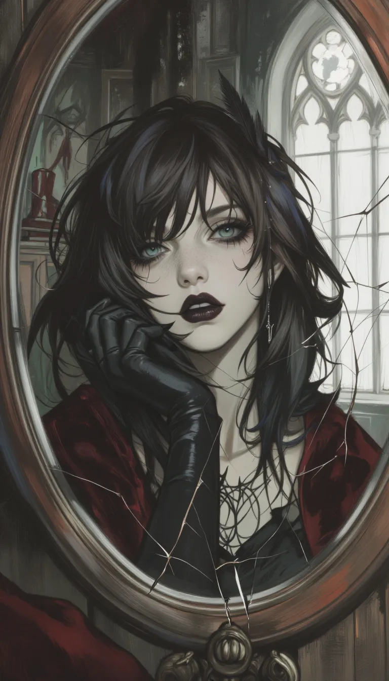 Hyperrealistic anime, portrait close-up, shallow depth of field, intimate composition, subject in sharp focus, expressive. Matte finish, matte overlay, soft painterly shading, painterly texture. Dark ink body tattoos, goth, punk, emo, grunge, cyberpunk, alt style, dark motif.
A distorted reflection in a cracked antique vanity mirror captures her with elegant, cascading dark curls adorned with raven feathers, framing a face of ethereal beauty and intense, almost sorrowful dignity. Pale, fragmented moonlight streaming through a gothic arched window casts fractured silver patterns across the mirrored surface, illuminating her perfectly painted dark lips and gleaming in her haunting, deep sapphire eyes as she contemplates her reflection. Her gloved hand delicately touches the cold, ornate frame, while blurred, shadowy figures of forgotten furniture linger in the depth behind her velvet-draped shoulders.