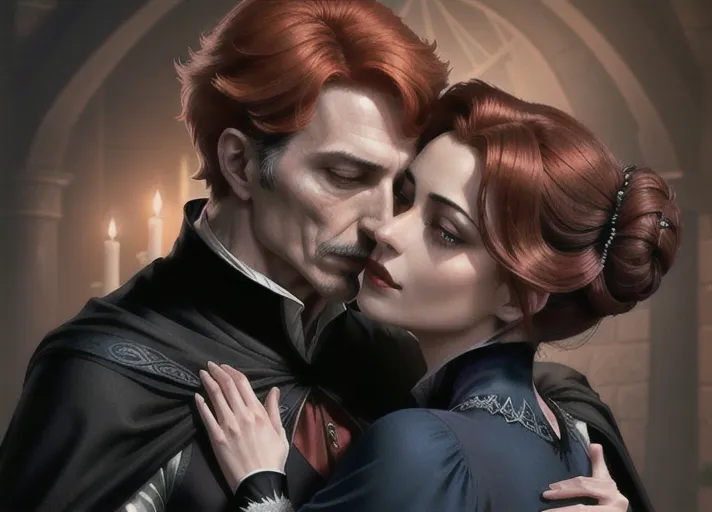 an older distinguished short black-haired masculine Dracula with very high collared cape, embracing Sweet innocent beautiful elegant auburn haired in a low bun Queen Anna of Arendelle in green portrayed by Willa Holland deeply hypnotized and enthralled lips parted in erotic arousal, fingering recent hickey on her neck from behind kissing her neck. PHOTOREALISTIC.