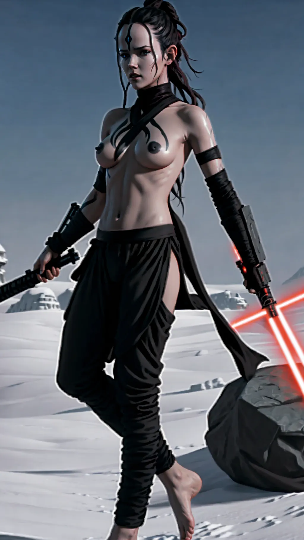 topless barefoot Sith Rey with erect nipples wearing black Sith pants while fighting on Hoth, (pretty feet: 1.2), topless, barefoot, (black markings on skin: 1.2), (long black tactical Sith pants: 1.2),