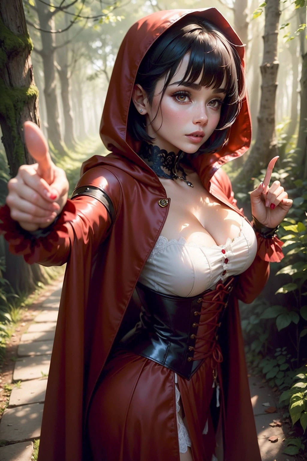 fairy tale, Beautiful cute and sexy small woman (Little Red Riding Hood:1) in (a red velvet cape, (red sleved jacket), red sleved dress:1) over a (black leather corset and a white blouse with white lace chocker), (wears a hooded cape), ((short bob haircut black hair)), ((she is surprised, afraid, intrigued)), ((she have beautiful face, highly detailed face, beautiful breast, beautiful lips, perfect lips)),
in the forest, (she is pointing the way to her grandma house:1.5),
At nightfall,
close-up, five fingers per hand, soft natural light, cinematic composition, 32k, HDR, highest quality, highest resolution, soft, (soft edges), (soft lines), (realistic:1),
