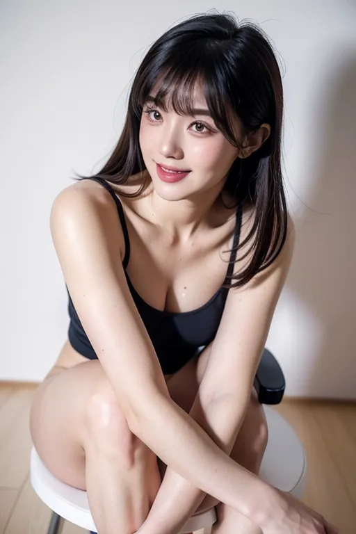 (best quality:2.0), (masterpiece:1.4), high resolution, (photo realistic:1.9), Korean sexy super model, perfect face propotion, nsfw, (thick sports shoes:1.2), navyblue sports wear, knee socks, thick eyebrow, (marble face:1.2), long neck, small lips, large hair band, full bangs, pony tail, ultra large sparkring brown eyes, double eyelids, cheek blush, round cheek, sexy posture, muscular long legs, cleavage, luxury chair, (shiny sweaty ultra pale skin:1.5), big coy smile, beautiful constriction, broad forehead, ultra detailed fabric, detailed skin, dropping eyes, luxury tile poolside,