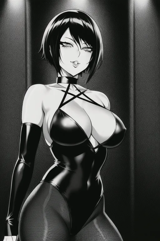 In the style of my hero Academia, <lora:manga_lineart:1>, In the style of shadman, elegance, realistic, masterpiece, best quality, goth, goth girl, emo, short black hair, choker, fishnet leggings, most beautiful face, medium breasts, perfect face, perfect mouth, perfect lips, perfect anatomy, perfect fingers, nsfw, dramatic lighting, night, dark, black and white, monochrome, perfect eyes