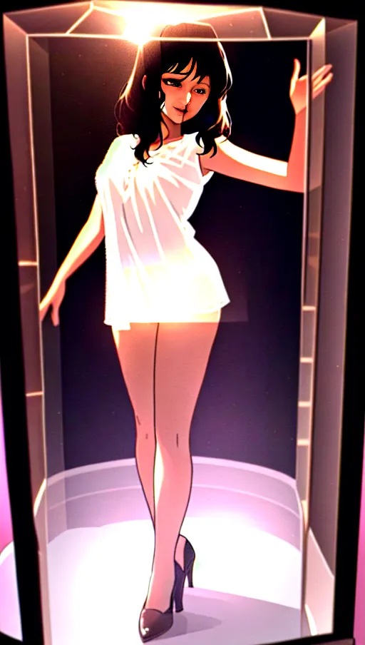 A photo with 8k resolution, (((detailed facial features))), ((real body)),((8k resolution photo)), ((see full body)), ((standing imitating the pose of a mannequin)), black hair, very light brown skin tone, big natural breasts, ((real skin)), (((overweight))), ((generous curves)), Latina, thick legs, (high shoes), ((turned into a sex doll)), (((inside a glass cube))), nude, naked, white lighting, ((mouth slightly open))