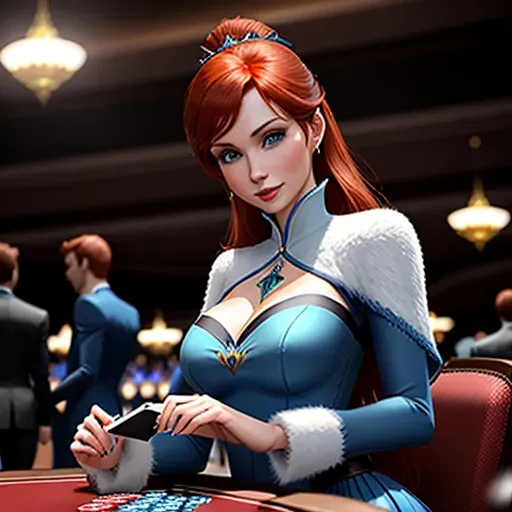 low angle shot, different clothing,
Anna in Las Vegas. playing cards in a casino.
innocent sweet, Anna of Arendelle 37 years old, Nordic, dressed in green attire, large natural round blue eyes, long auburn hair, sweet face, warm smile, soft curved eyebrows, smaller modest breasts. cards fanned in her hand.
Elsa of Arendelle 40, slightly taller than Anna. dressed in elegant blue clothing.
five fingers per hand, ultra realistic, unreal engine, reduced saturation, adult