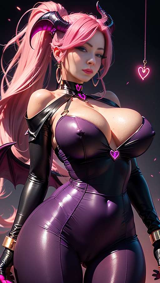 best quality, (((ultra high res))), (((detailed face and eyes))), (perfect face), big shining heart choker, earrings, jewelry, (((big glowing succubus mark))), ((((big glowing succubus bodymark)))), (((conjuring))), (witch), ((long voluminous hair)), (((black gloves))), ((pink hair)), straight hair, (((golden bracelet))), ((single ponytail)), (((huge hair cuff))), ((skintight neckholder dress with low neckline)), ((face closeup)), purple, (burgundy red lipstick), (((neckholder top with low neckline))), ((((demon tail)))), ((long sleeves)), ((purple glowing heart)), (((cameltoe)))