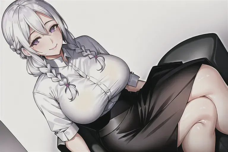 woman,medium breast,white hair,motherly side plait,smooth skin,violet eyes,gorgeous face,beautiful,mature woman,smiling,sitting in chair,long black skirt,white shirt,front view,mole on face